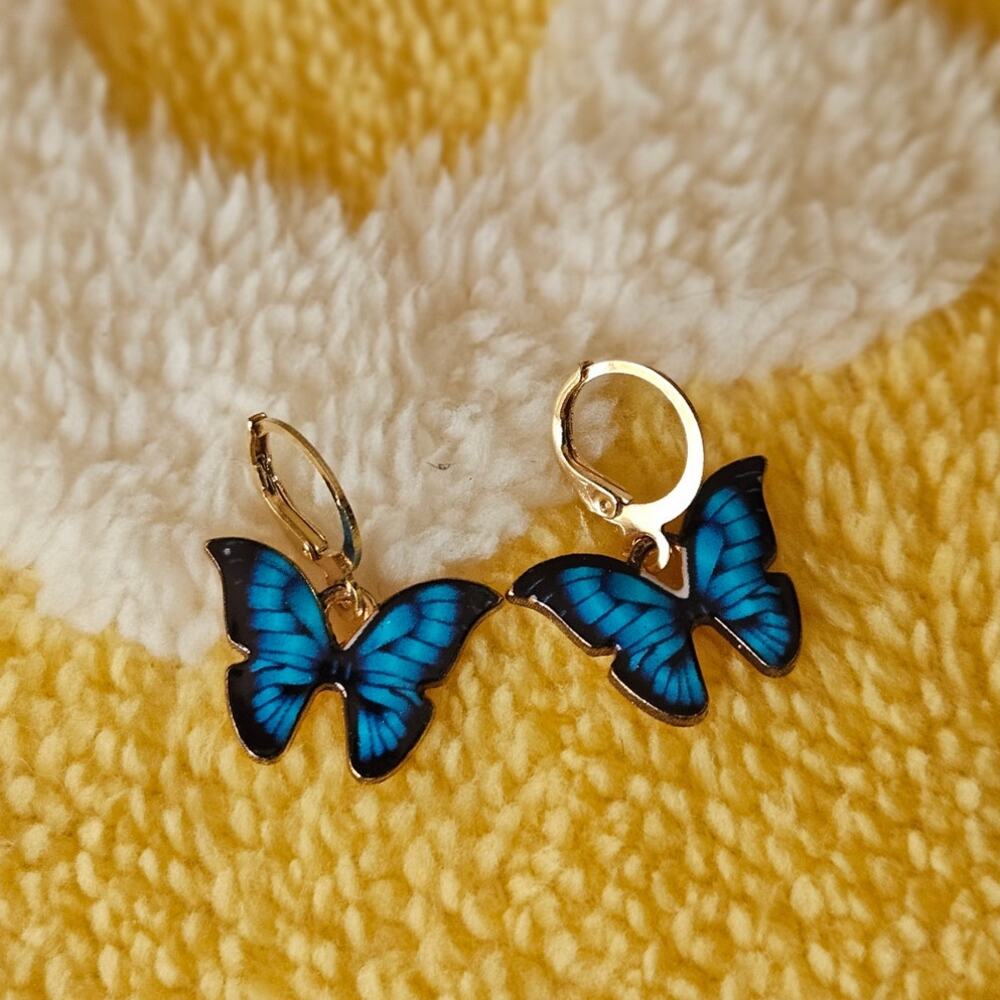 Boutique Gold Tone Blue Butterfly Huggie Dangle Earrings Small